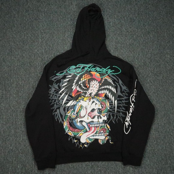 Ed Hardy Other - Ed Hardy Hoodie Mens Large Black Eagle‎ Skull Graphic Pullover Hooded Pockets